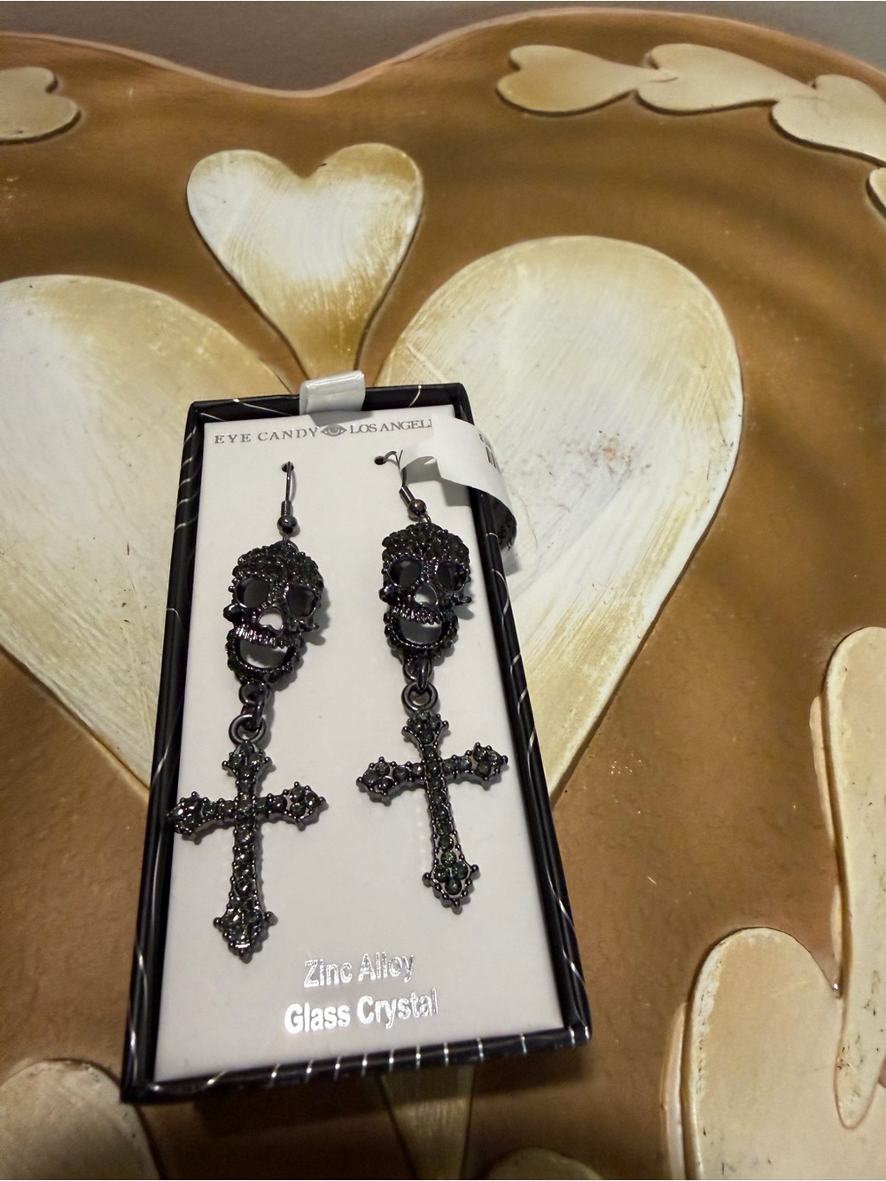 Eyecandy Zinc Alloy Glass Crystal Halloween Skull & Cross Goth Earrings